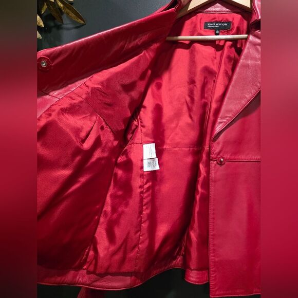 Red Leather Blazer Jacket Jones New York Collection One Snap Closure Collar Sz L - Picture 10 of 12
